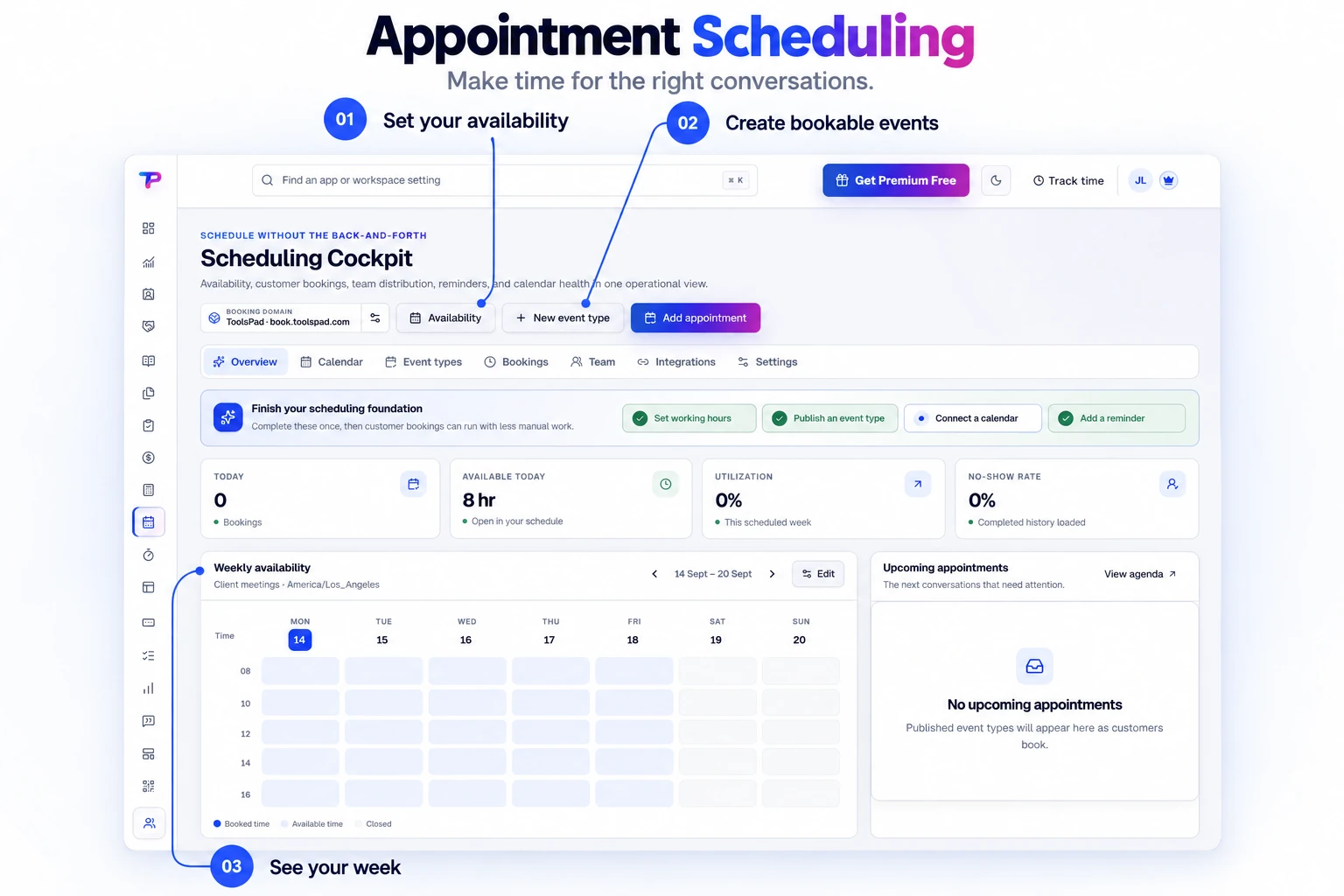 Annotated product explainer derived from the original Appointment Scheduling overview, highlighting calendar navigation and booking setup controls