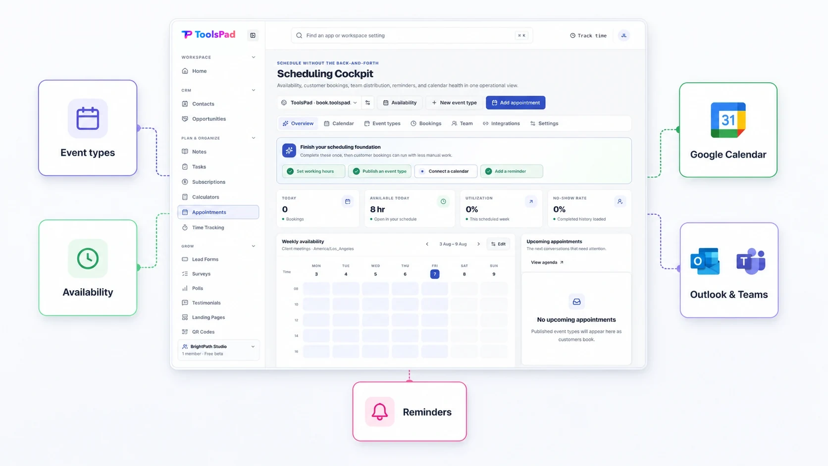 ToolsPad Appointment Scheduling connected to event types, availability, Google Calendar, Outlook and Teams, and reminders