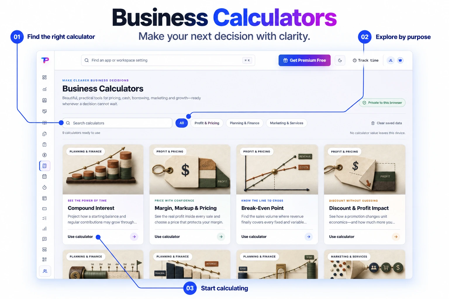 Annotated product explainer derived from the original Business Calculators library, highlighting calculator cards and planning tools