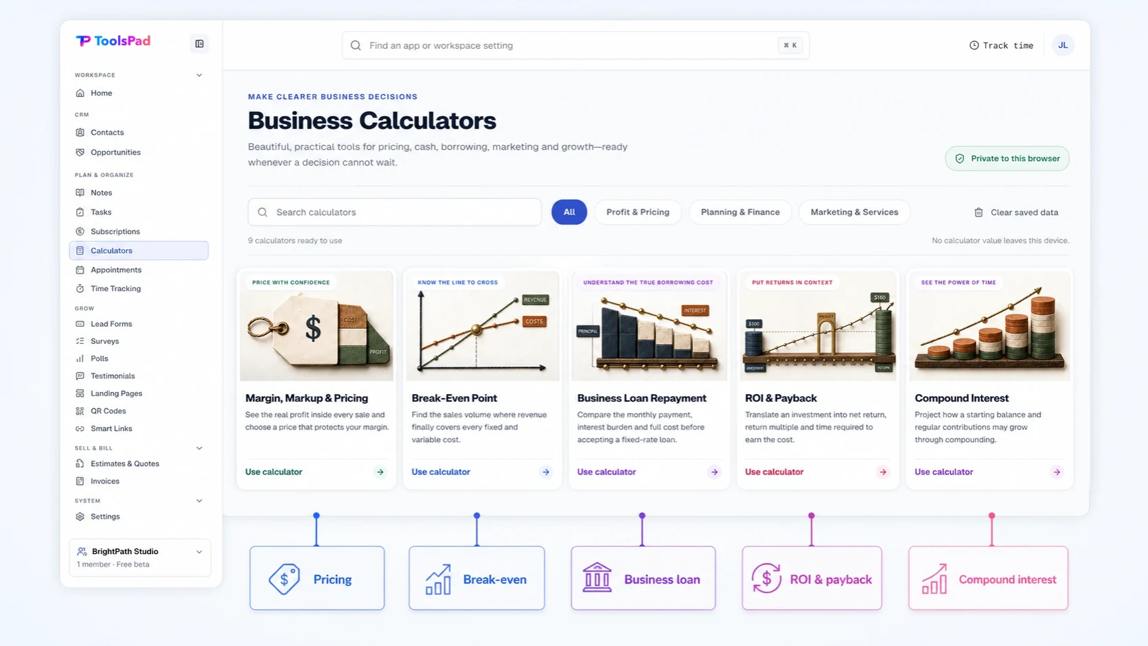 ToolsPad Business Calculators connected to pricing, break-even, loans, ROI, and compound interest