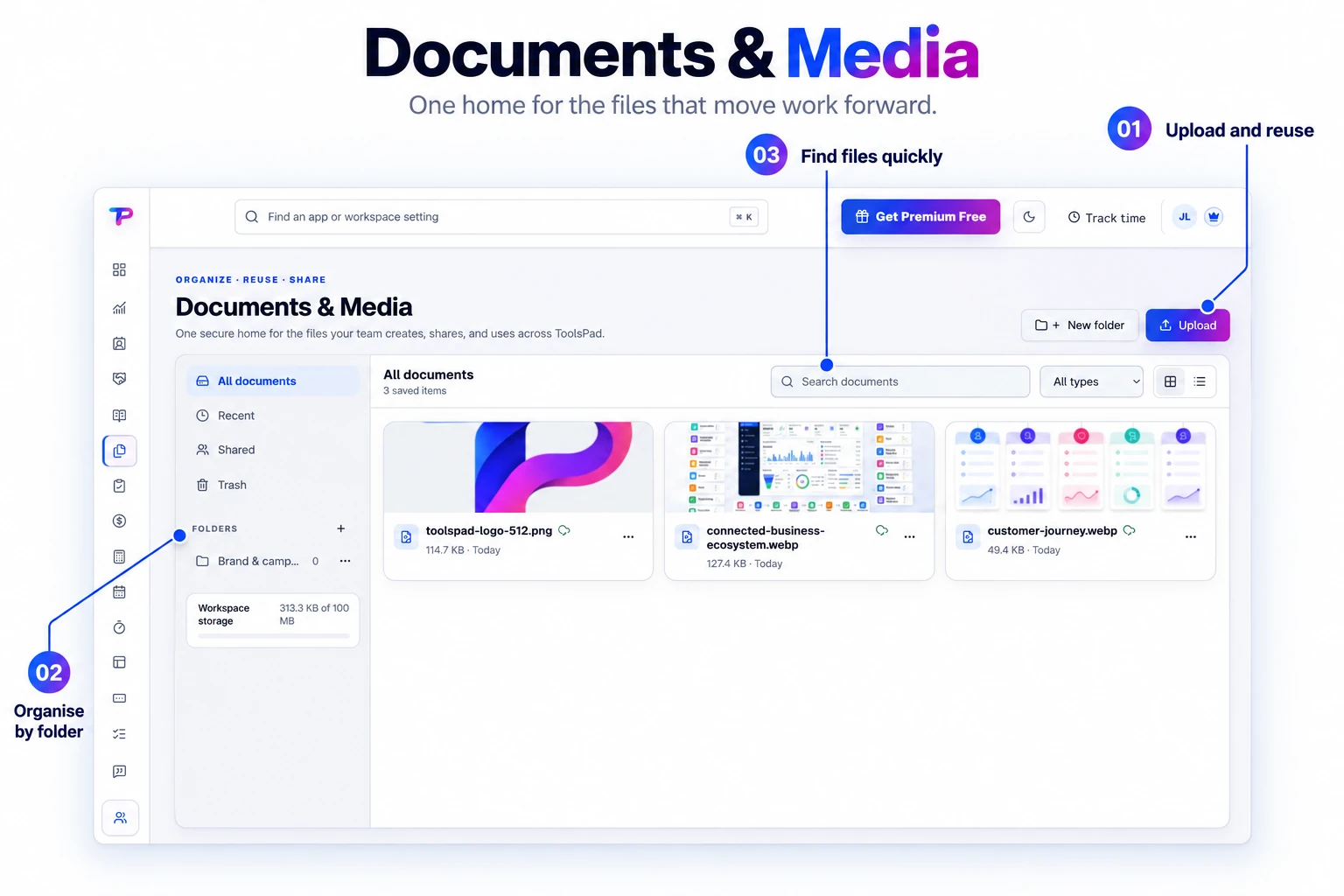 Annotated product explainer derived from the original Documents and Media library, highlighting sample assets and file management controls