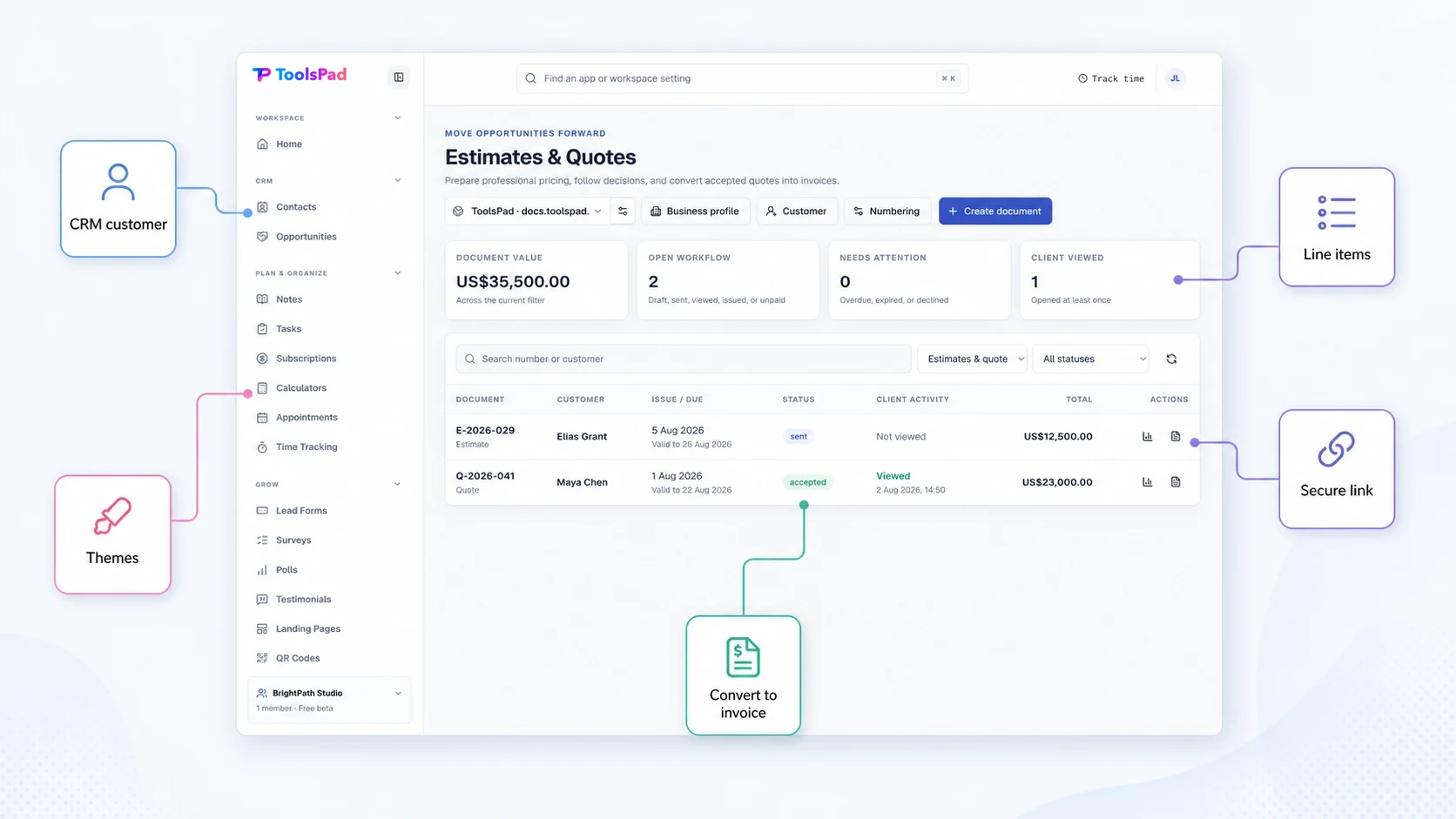ToolsPad Estimates and Quotes connected to CRM customers, line items, themes, secure links, and invoice conversion