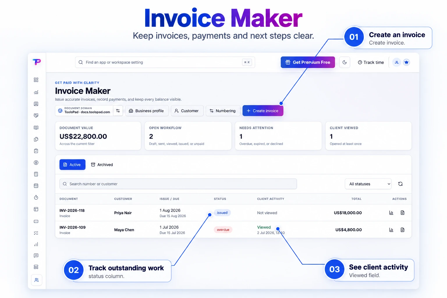 Annotated product explainer derived from the original Invoice Maker workspace, highlighting sample invoices and billing management controls