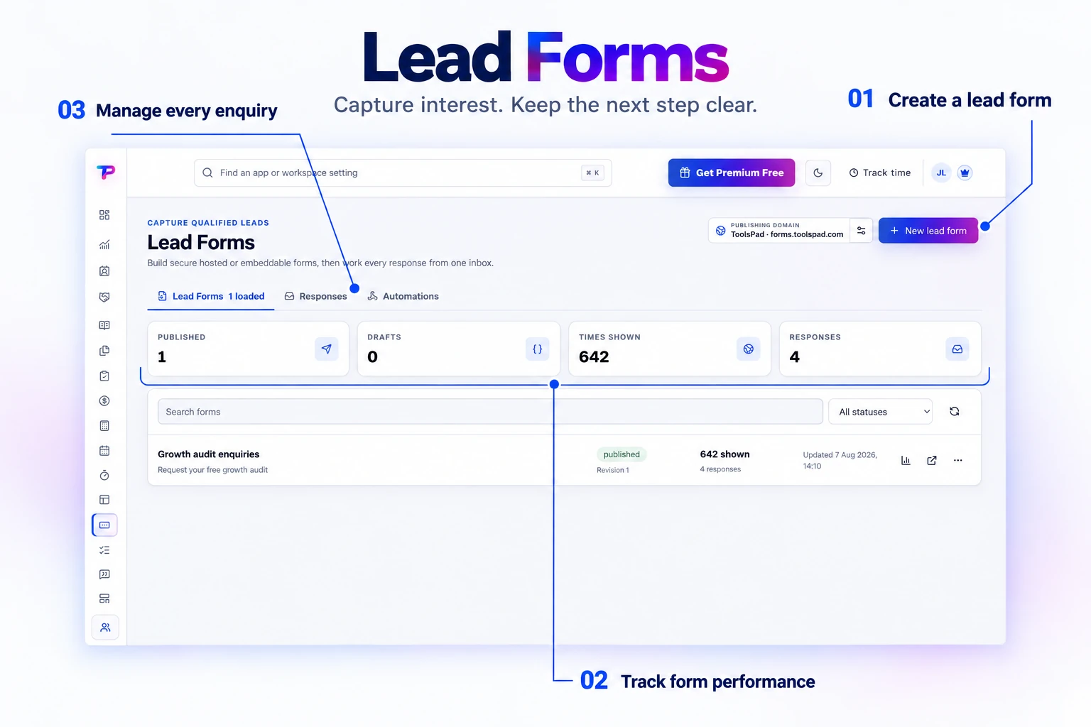 Annotated product explainer derived from the original app interface: Lead Forms builder showing the field palette, form canvas, and selected field settings