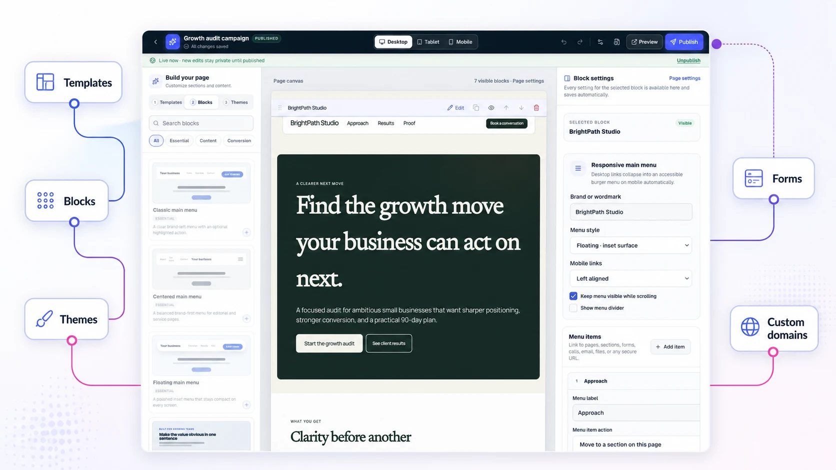 ToolsPad Landing Pages builder connected to templates, blocks, themes, forms, and custom domains
