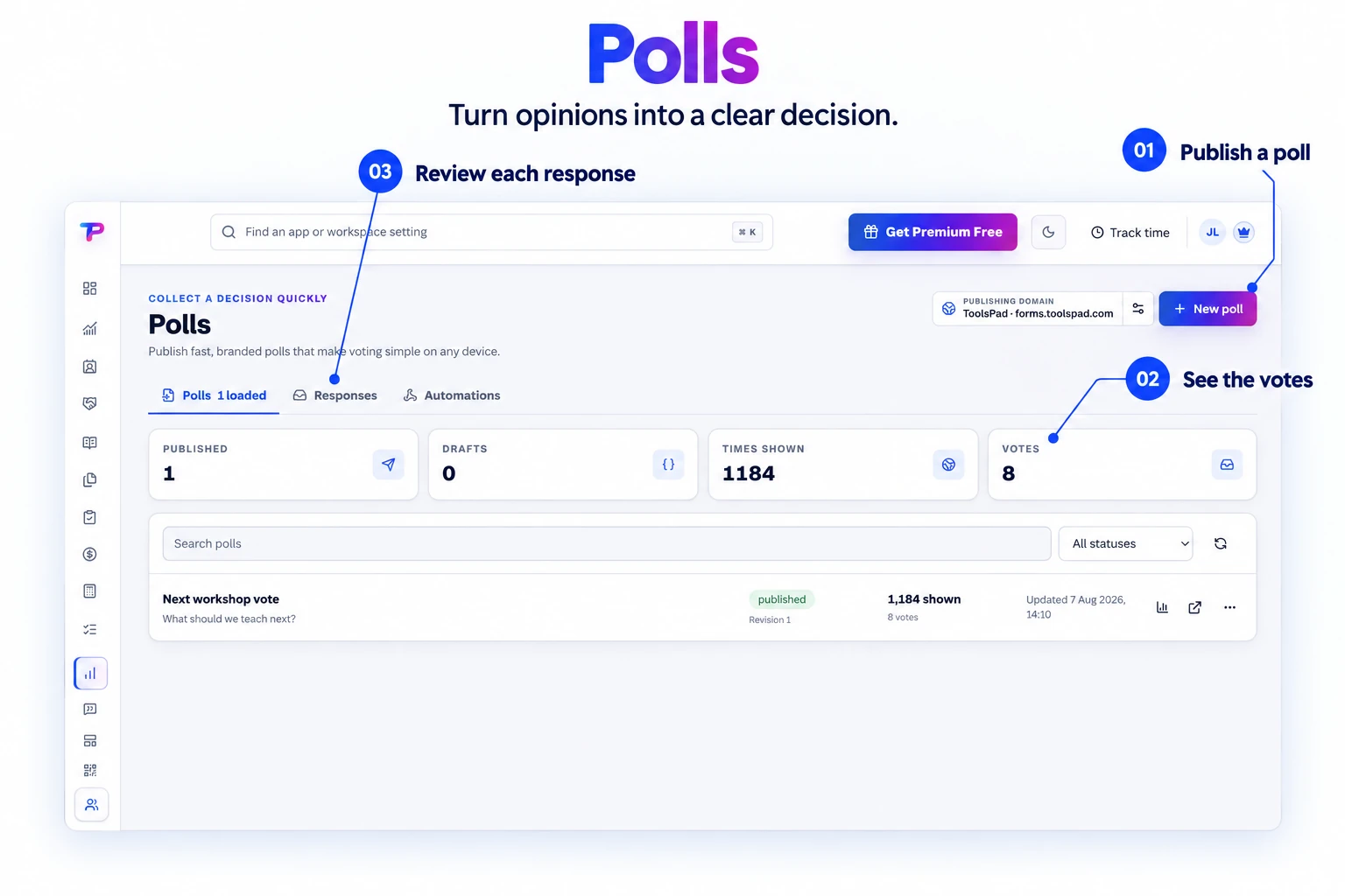 Annotated product explainer derived from the original app interface: Polls builder showing the four-step publishing flow and a required question with four workshop choices