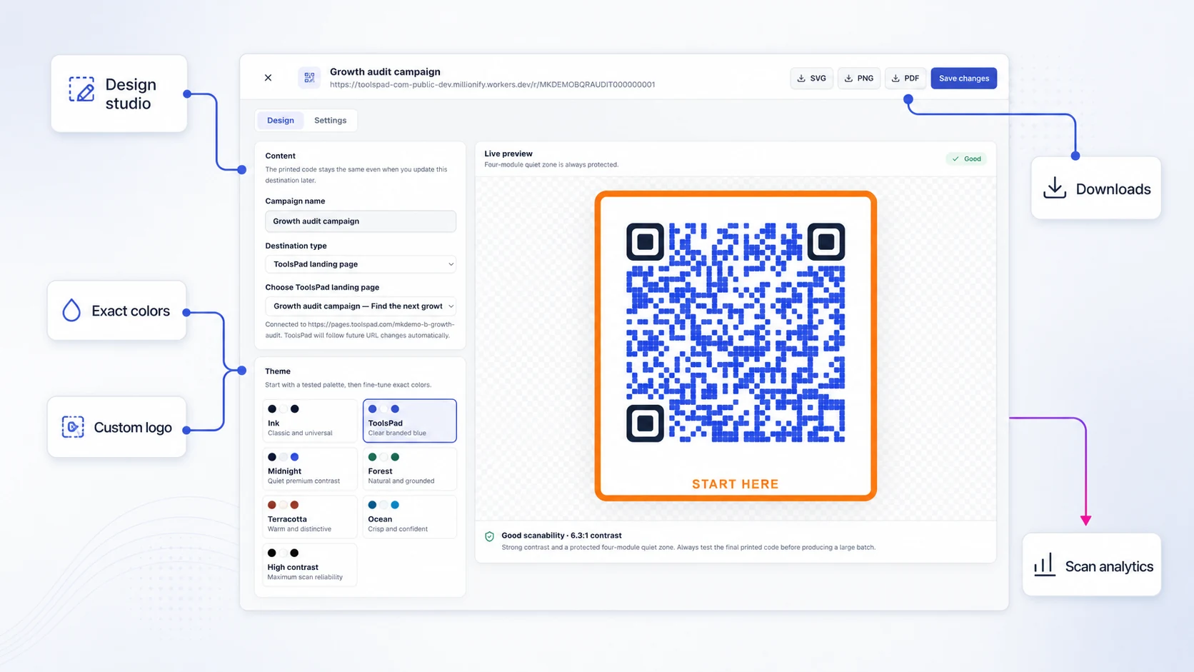 ToolsPad QR Code Generator connected to its design studio, exact colors, logos, downloads, and scan analytics