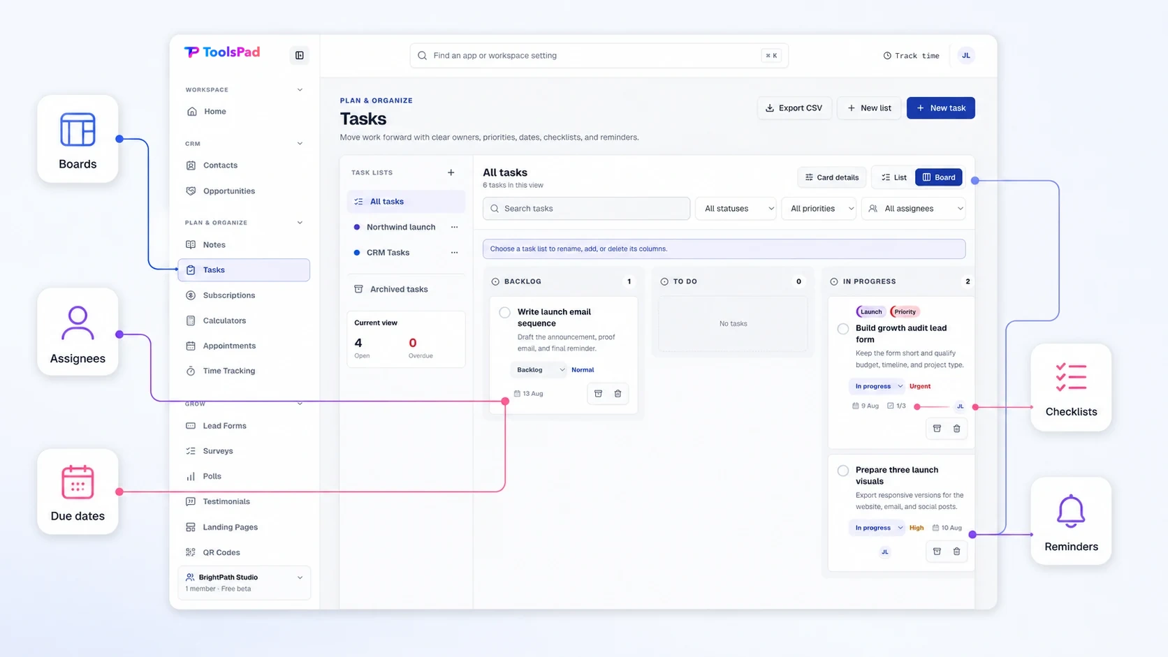 ToolsPad Tasks board connected to assignees, due dates, checklists, reminders, and board views
