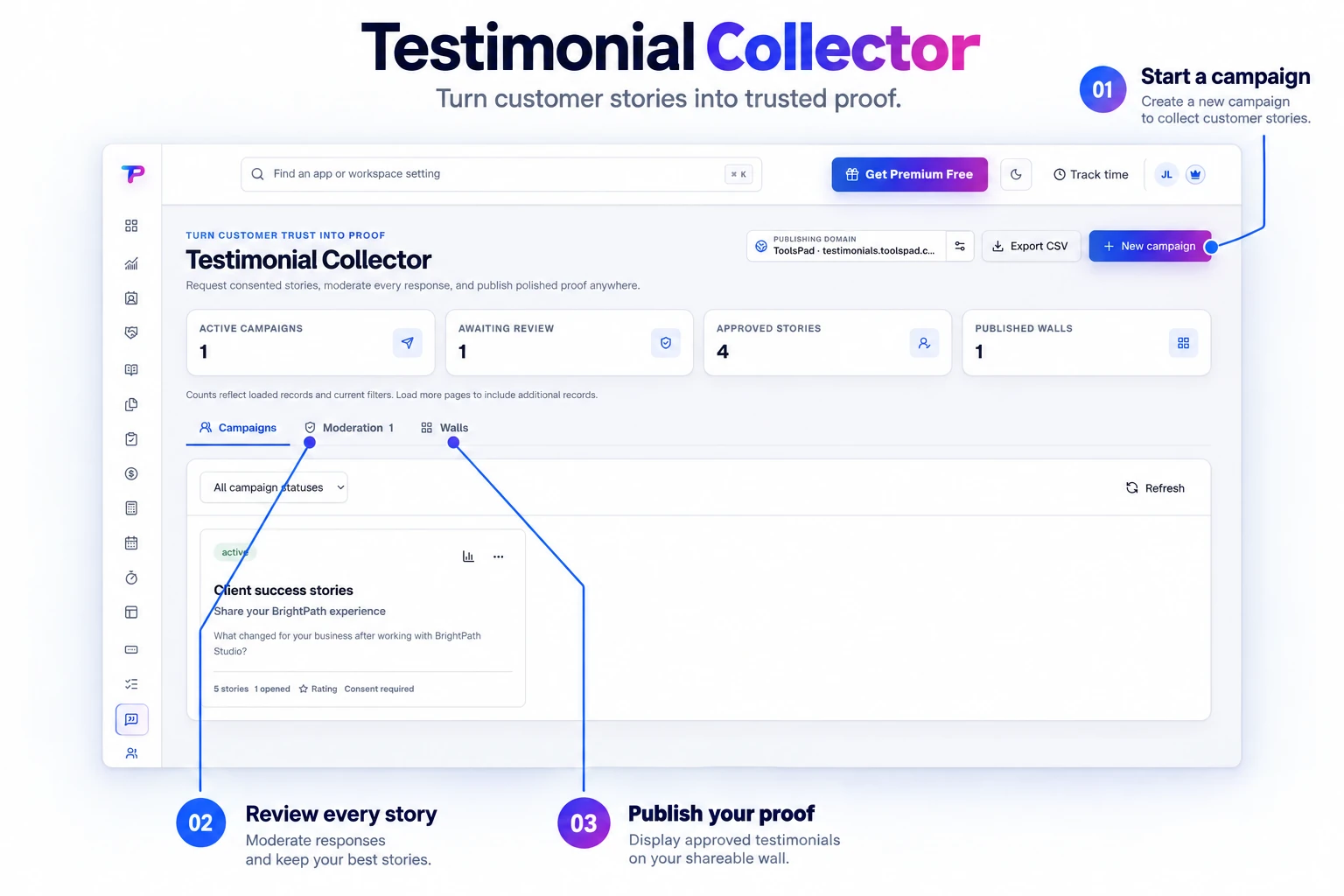 Annotated product explainer derived from the original app interface: Testimonial Collector moderation workspace showing fictional BrightPath sample stories, ratings, consent, and review controls; not ToolsPad endorsements