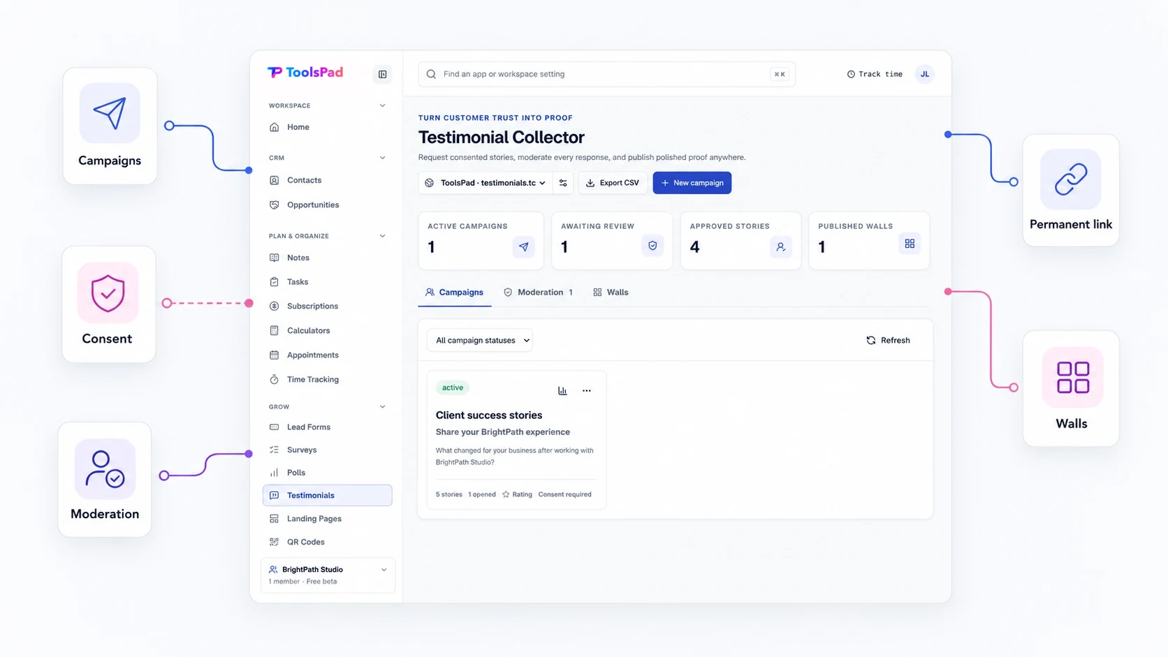 ToolsPad Testimonial Collector connected to campaigns, permanent links, consent, moderation, and walls