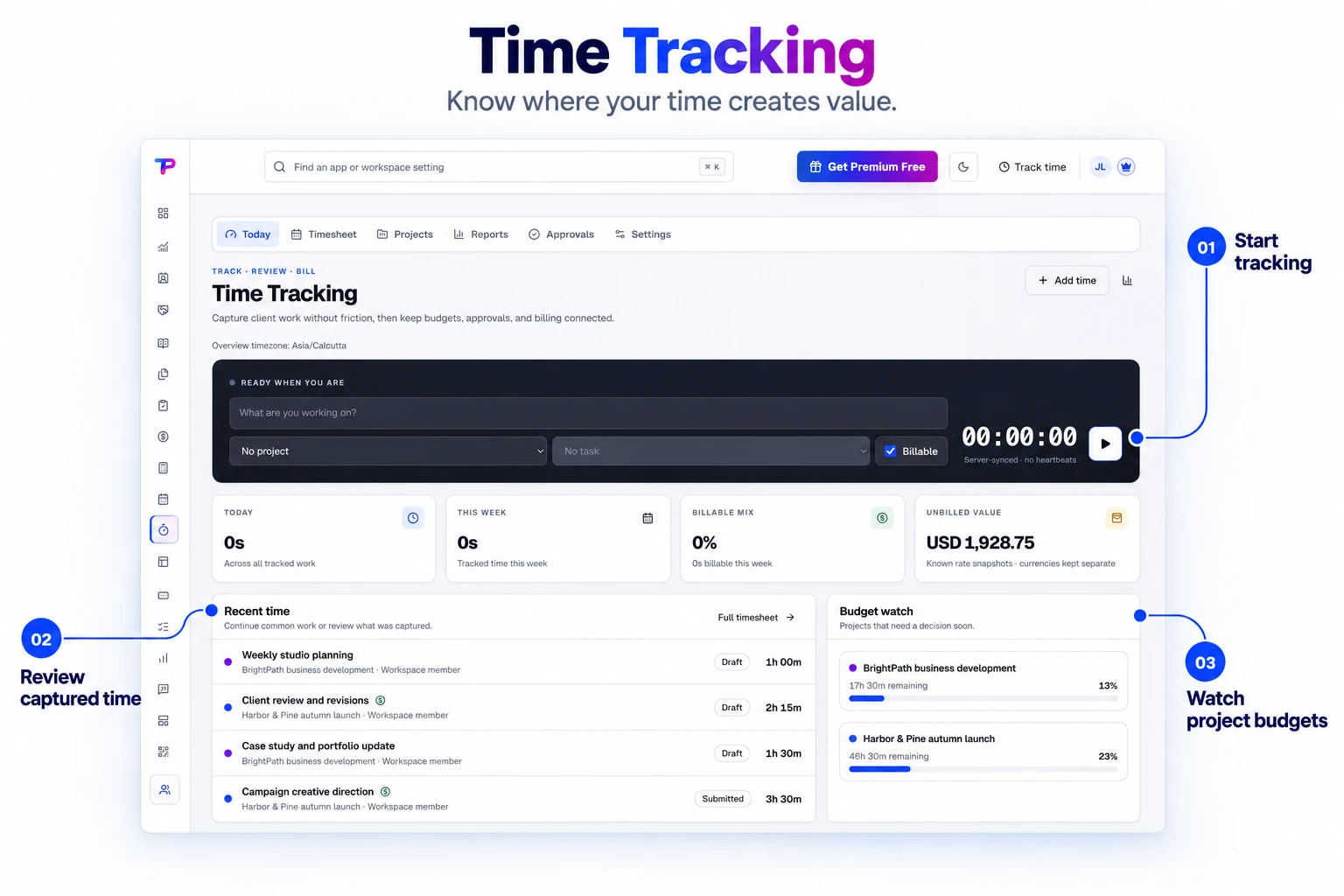 Annotated product explainer derived from the original app interface: Time Tracking overview showing the timer, project budget watch, and recent historical fictional time entries