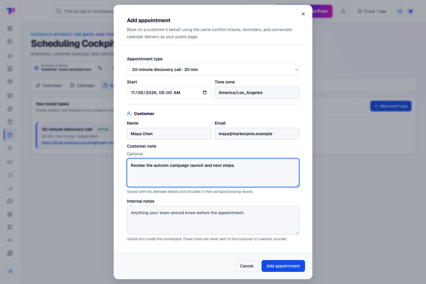 Appointment Scheduling product interface showing book on a customer's behalf