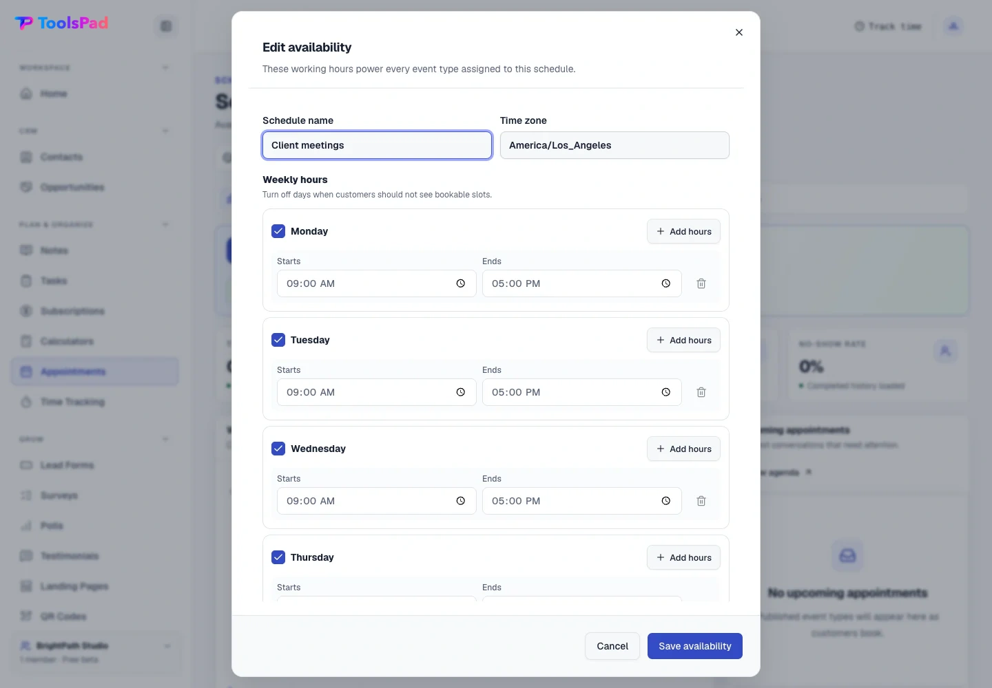 Appointment Scheduling product interface showing set working hours once, then publish dependable availability