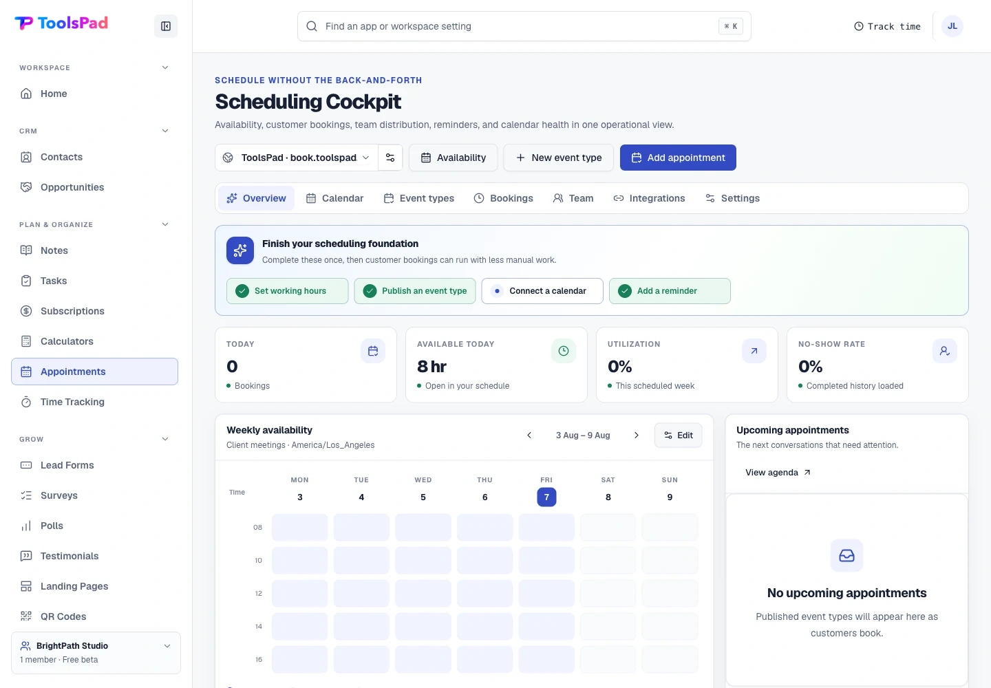 Appointment Scheduling product interface showing availability and booking foundations at a glance