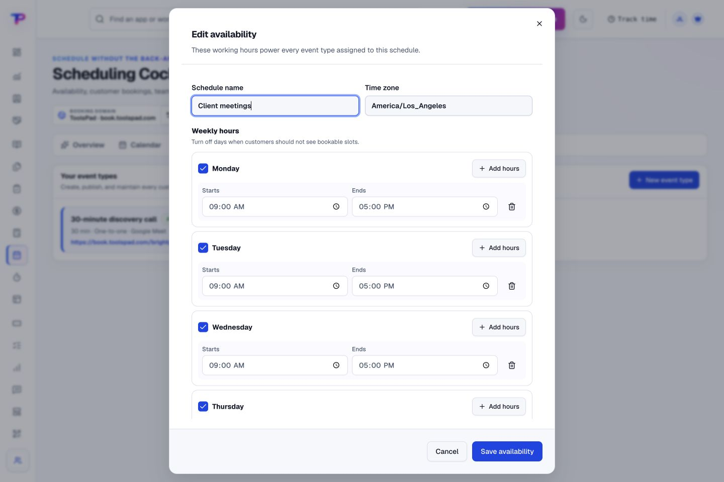 Appointment Scheduling product interface showing offer times that fit your working day
