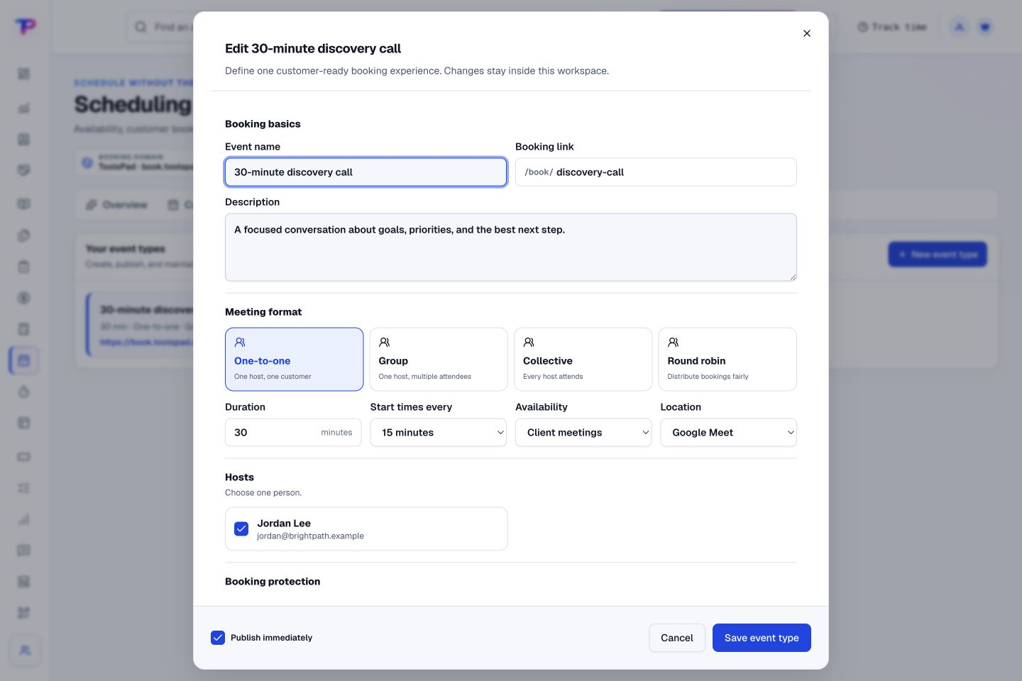 Appointment Scheduling product interface showing create the right kind of meeting