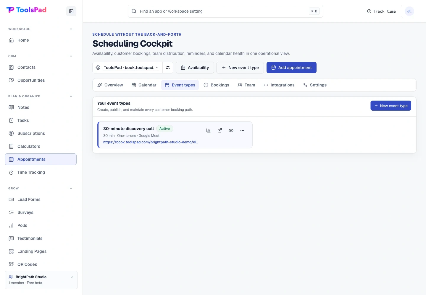 Appointment Scheduling product interface showing publish a booking type customers can understand