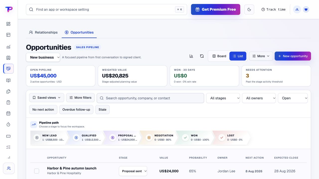 ToolsPad opportunities workspace showing fictional agency enquiries, stages and next actions.