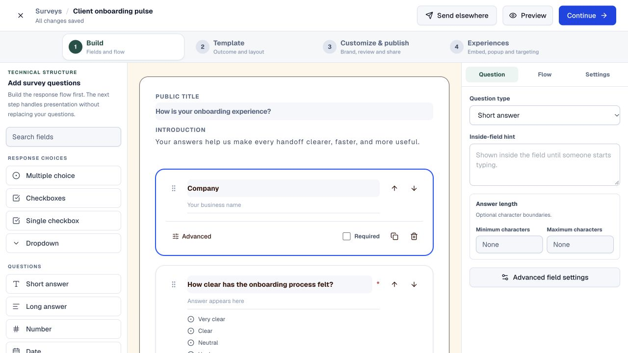 ToolsPad survey workspace with fictional client feedback and its questions.