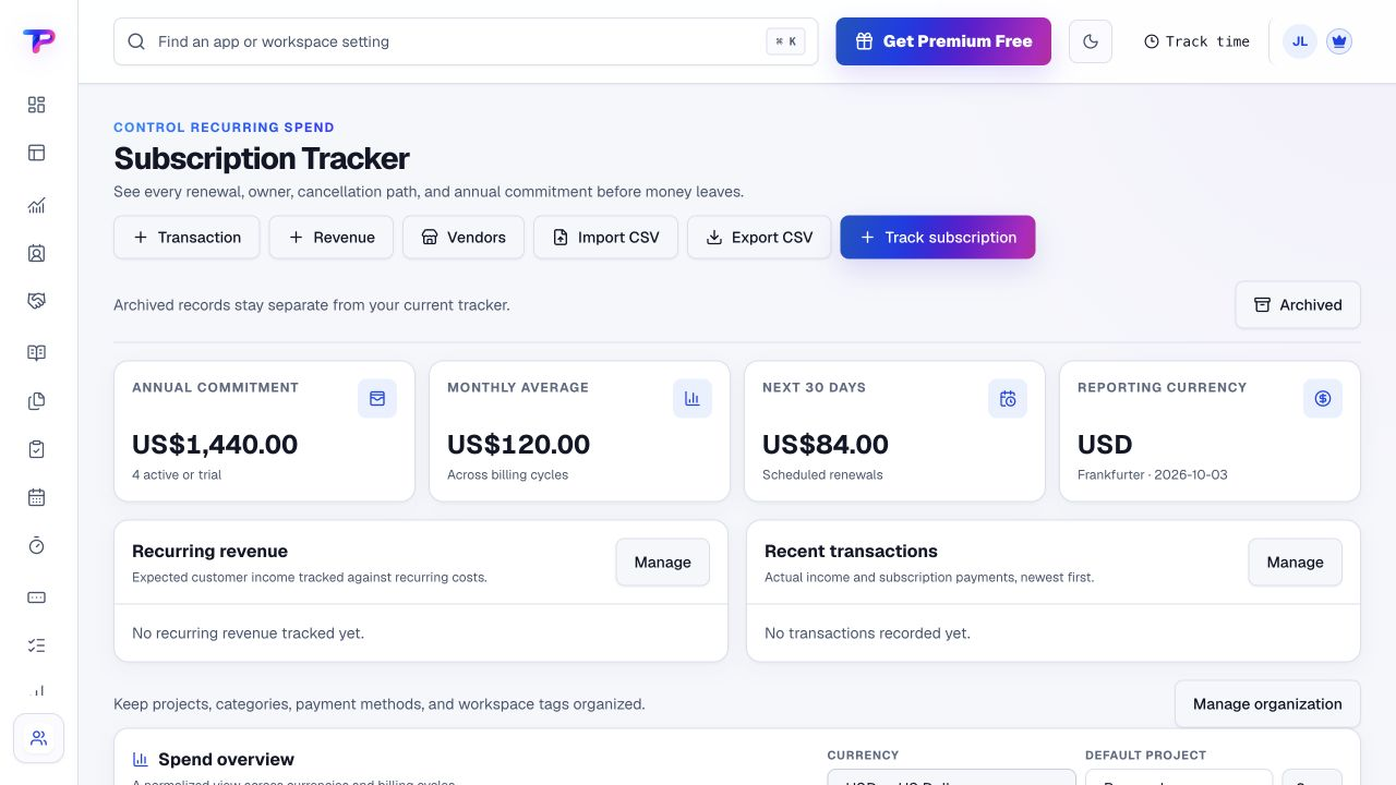 ToolsPad subscription tracker showing fictional recurring services, renewal dates and recorded costs.