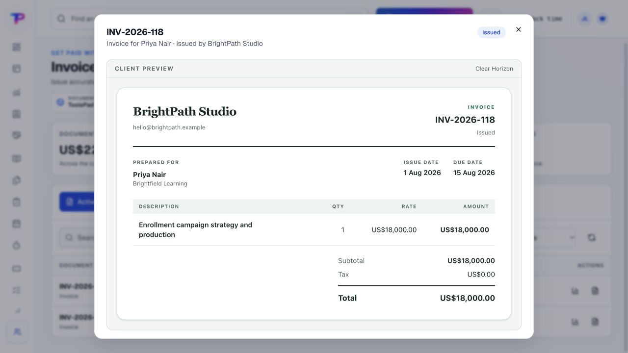 ToolsPad invoice workspace showing a fictional customer invoice and its manually recorded status.