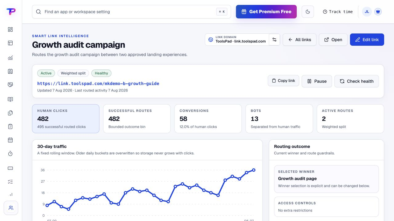 ToolsPad Smart Links analytics for a fictional campaign link, not consolidated advertising reporting.