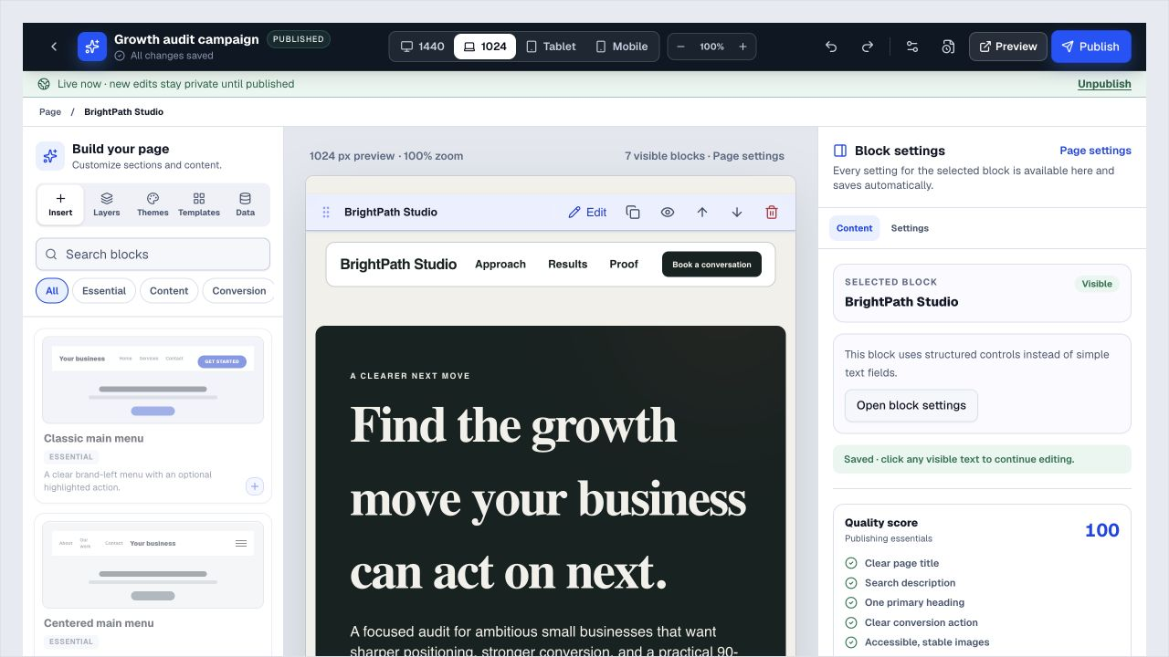 ToolsPad Landing Pages editor displaying an actual page builder with fictional business content.