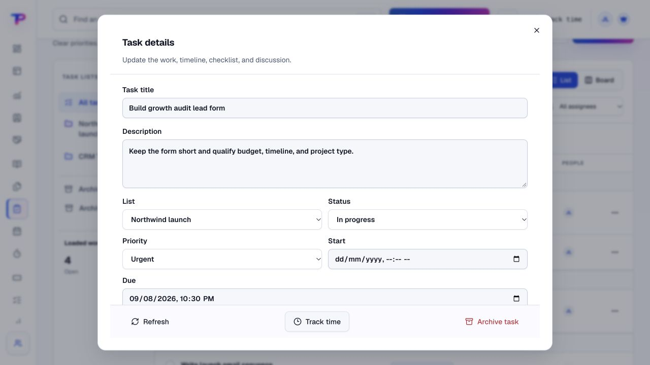 ToolsPad task detail showing fictional work context, status, priorities and a linked note.