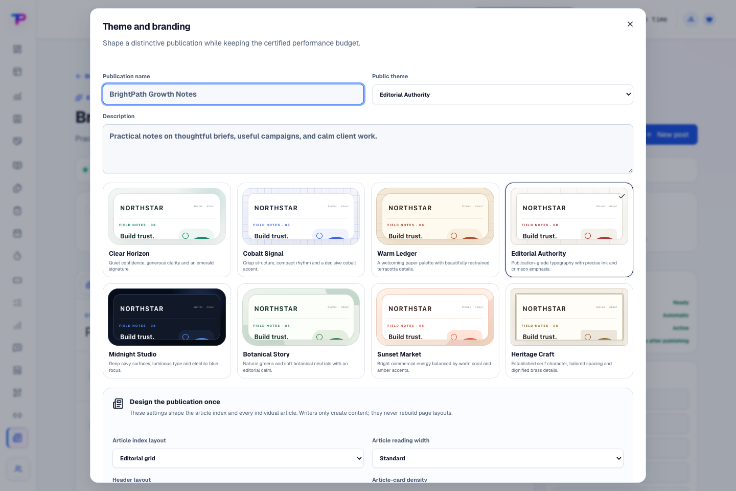 Blogs product interface showing make the publication feel like your brand