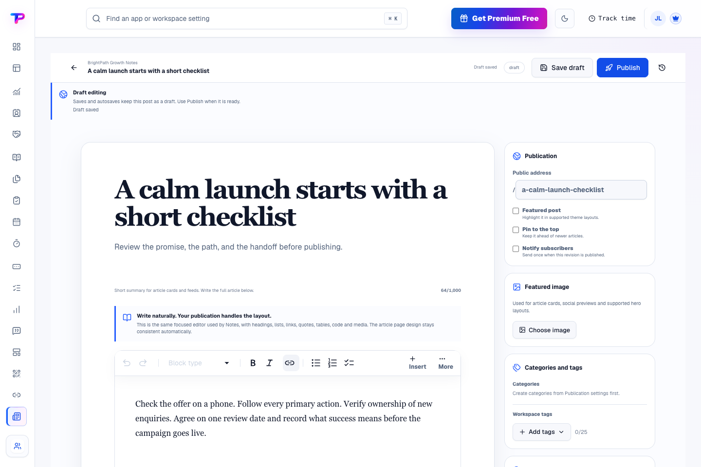 Blogs product interface showing write the article. keep publishing simple.