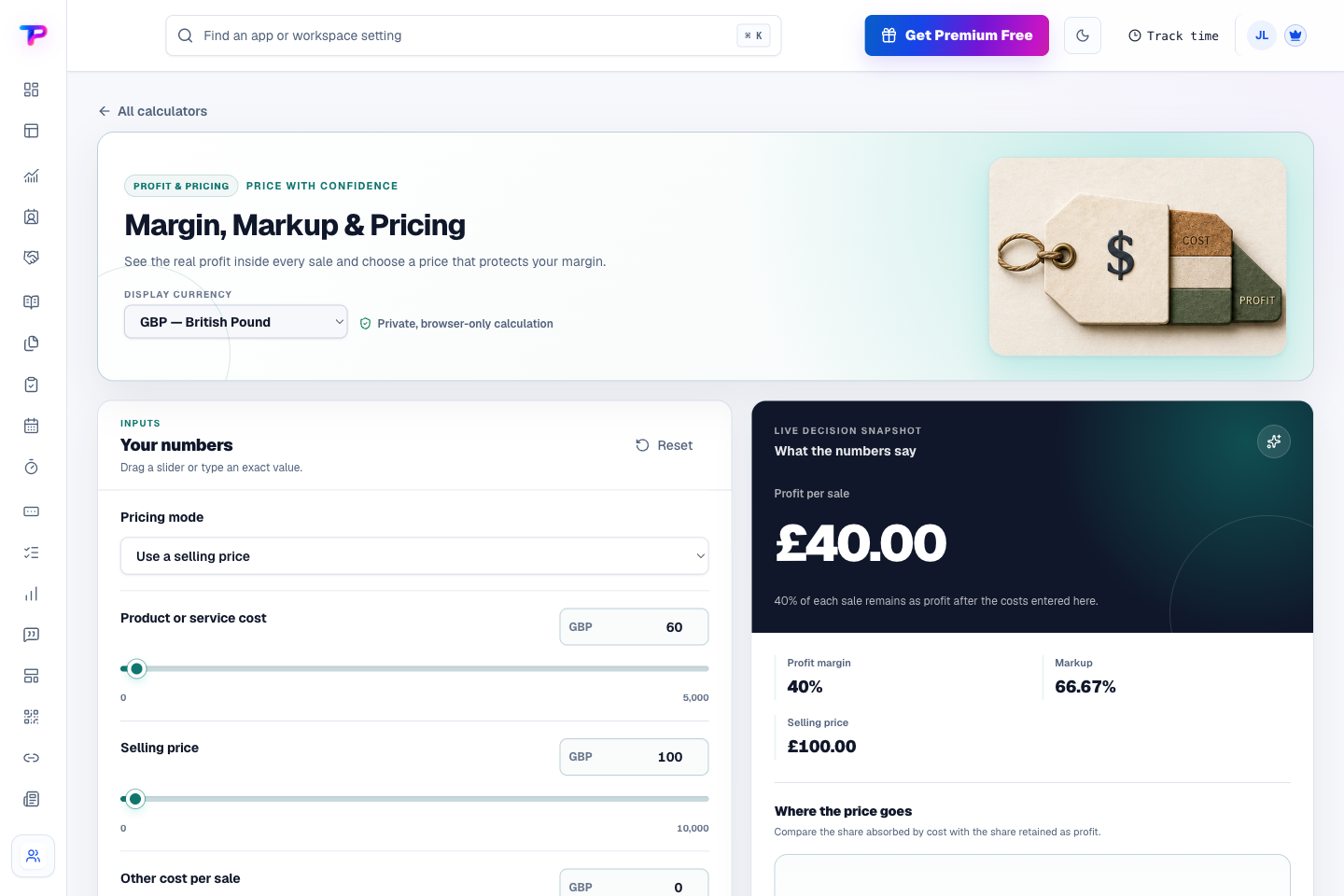 Business Calculators product interface showing price the work without guessing the margin