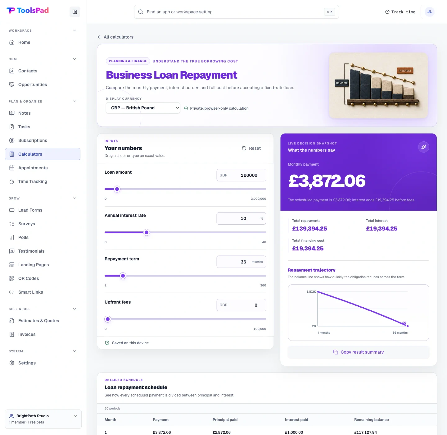 Business Calculators product interface showing understand the cost of financing