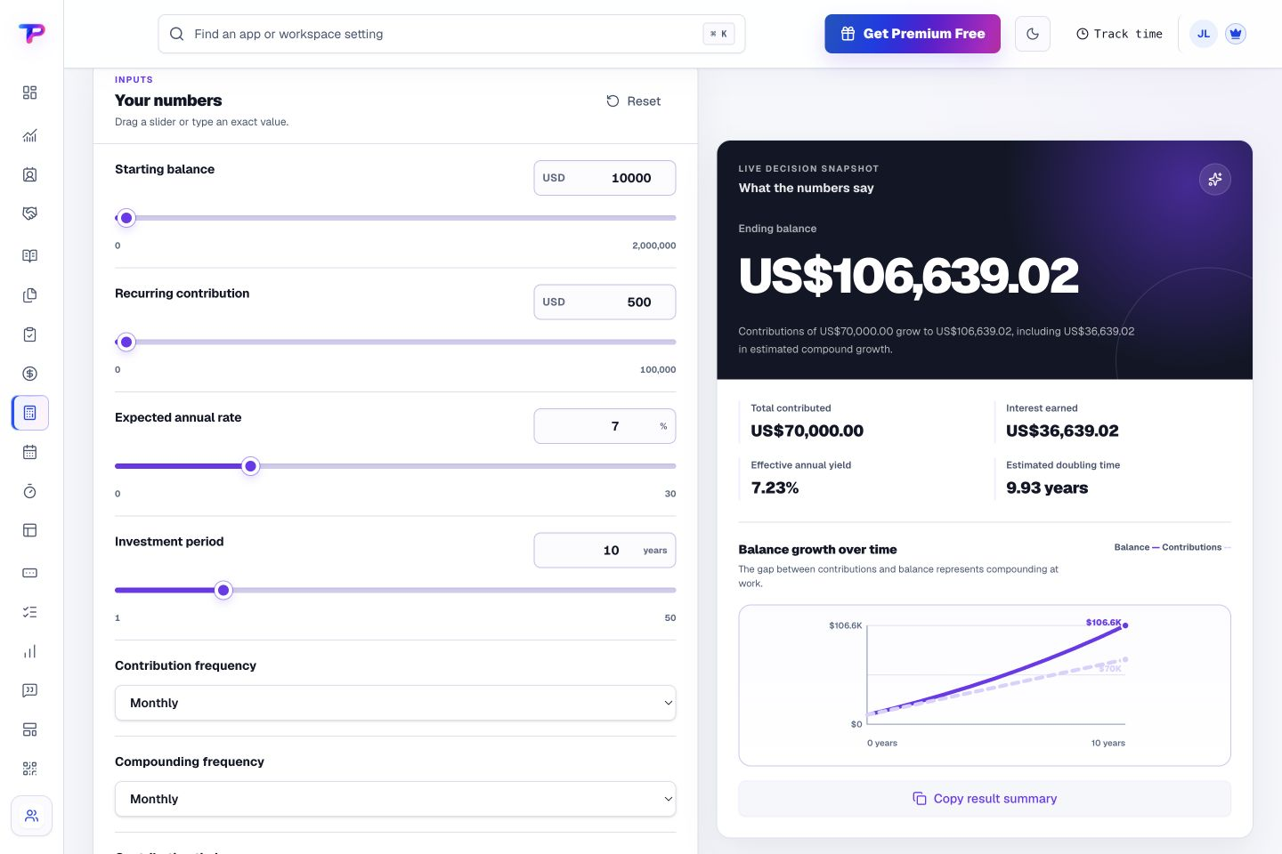Business Calculators product interface showing explore the assumptions behind a decision