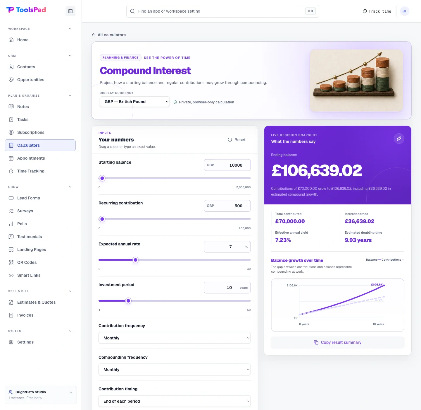 Business Calculators product interface showing see growth and every assumption