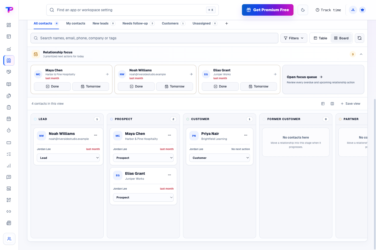 CRM product interface showing see relationships move from lead to customer