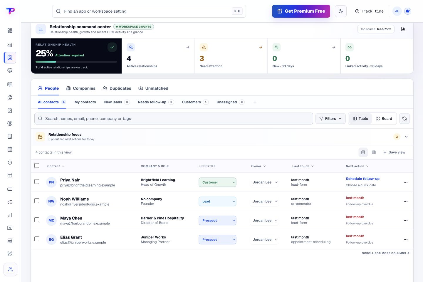 CRM product interface showing know which relationships need your attention