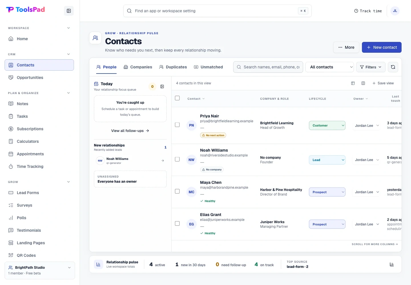 CRM product interface showing every relationship, filtered to the next action