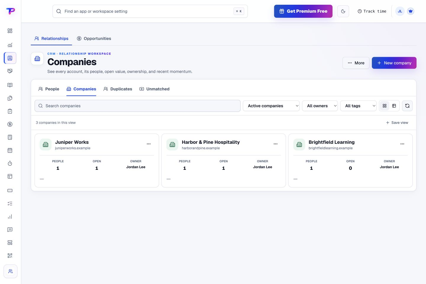 CRM product interface showing understand the people behind every company