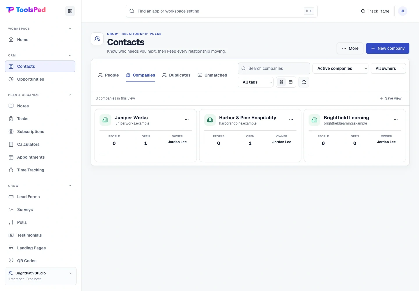 CRM product interface showing people and companies stay in the same crm
