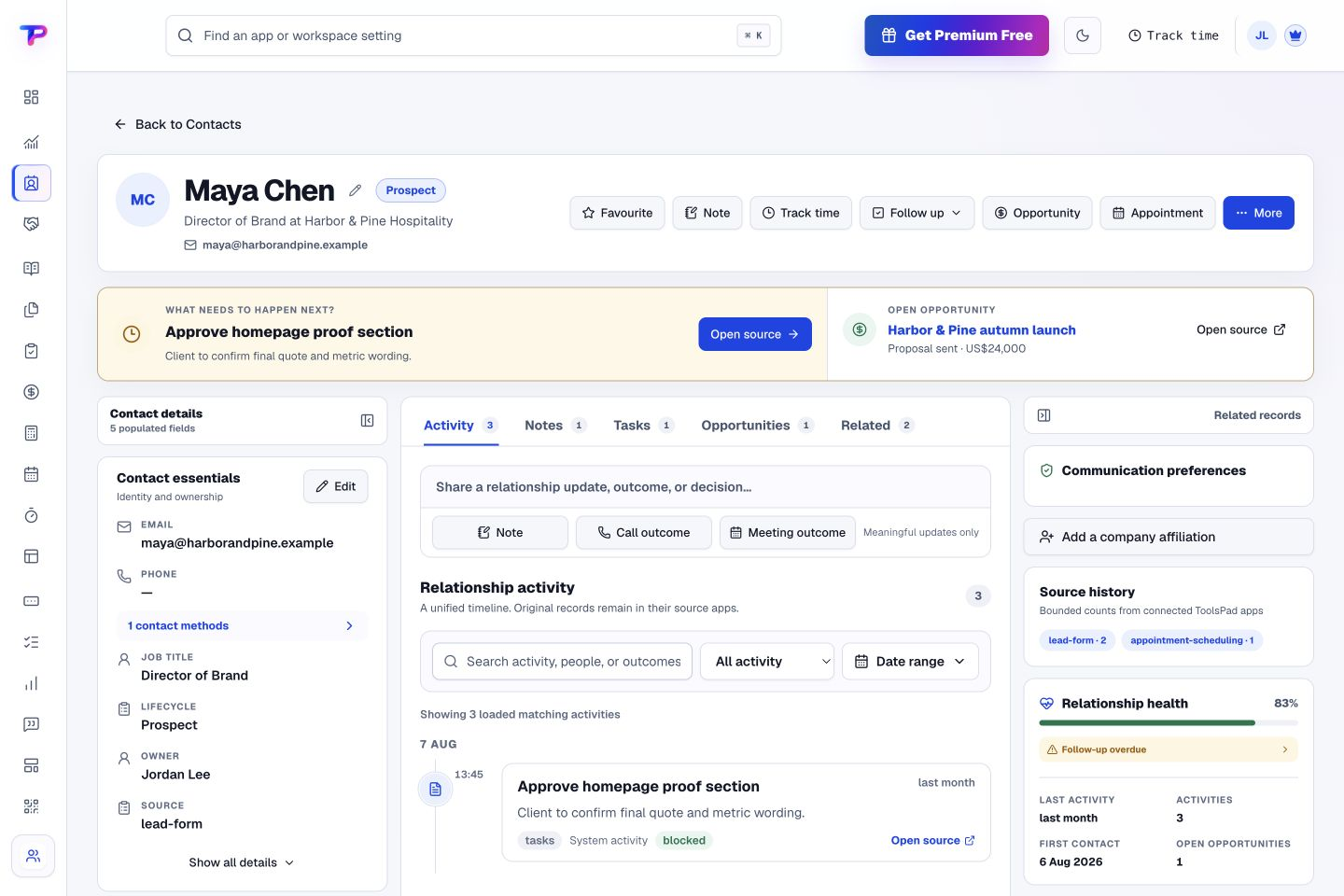 CRM product interface showing pick up the conversation with context