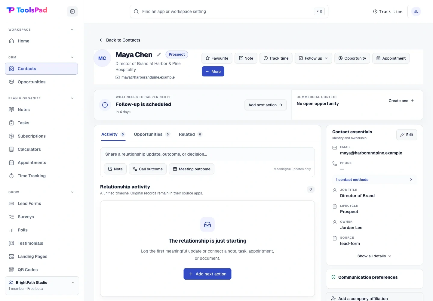 CRM product interface showing a complete customer context