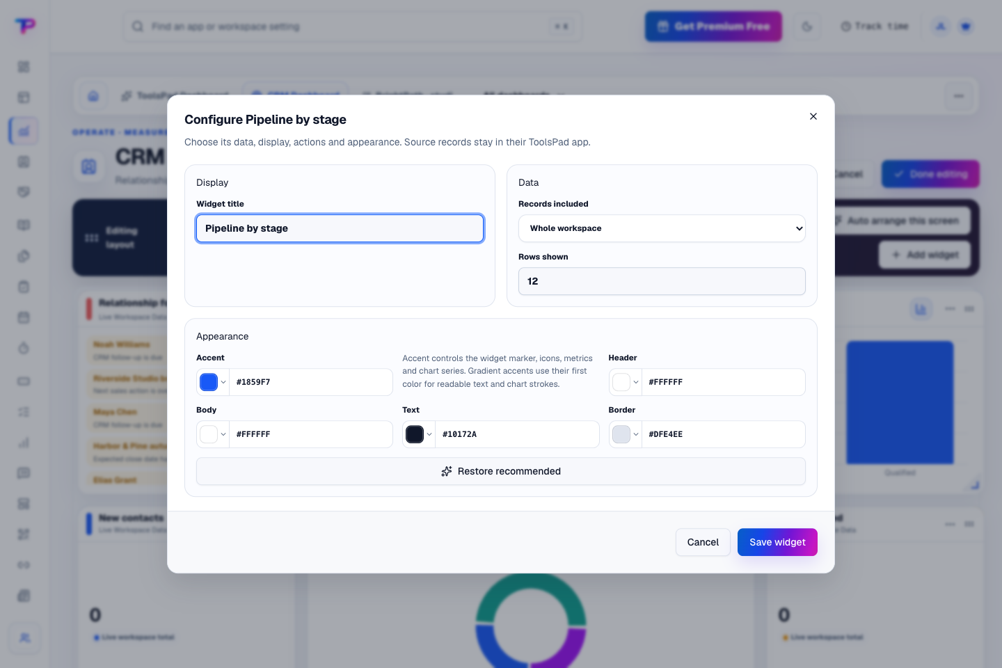 Dashboards product interface showing make every widget earn its place