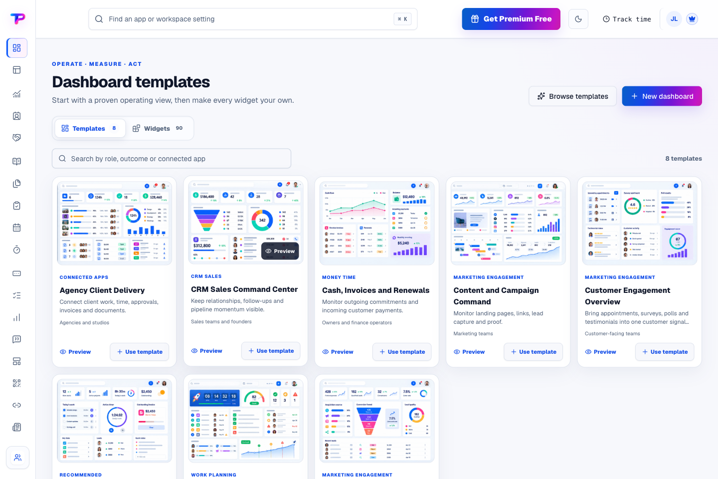 Dashboards product interface showing find the right starting point for your business