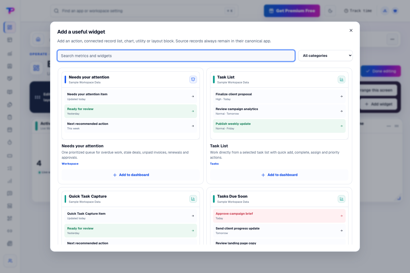 Dashboards product interface showing build a view around the work you do