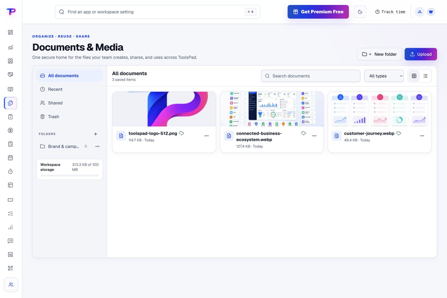 Documents & Media product interface showing give business files a shared home