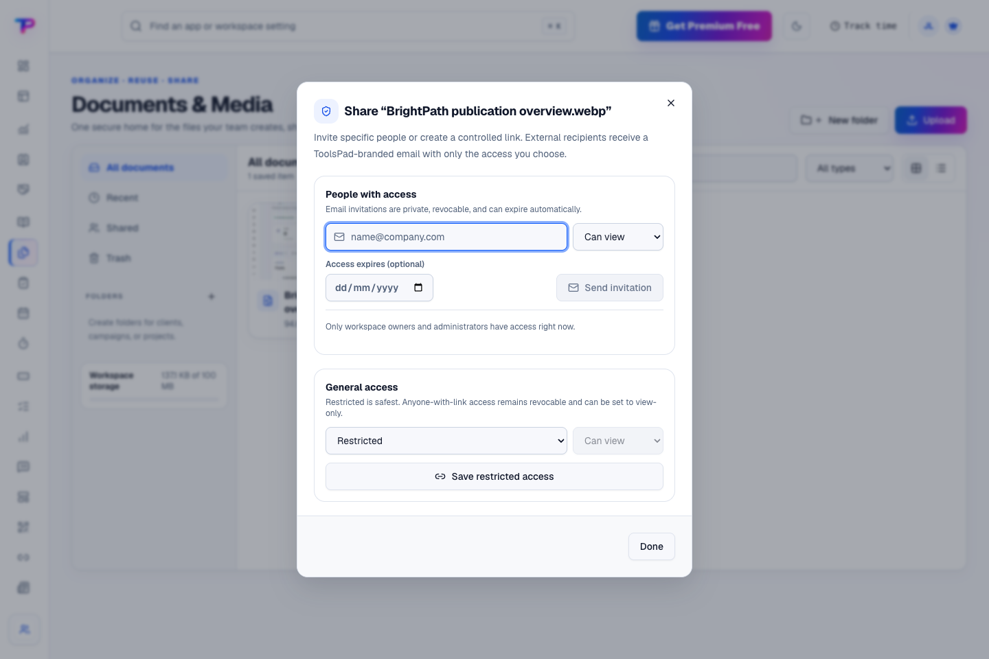 Documents & Media product interface showing share with the right people, for the right time