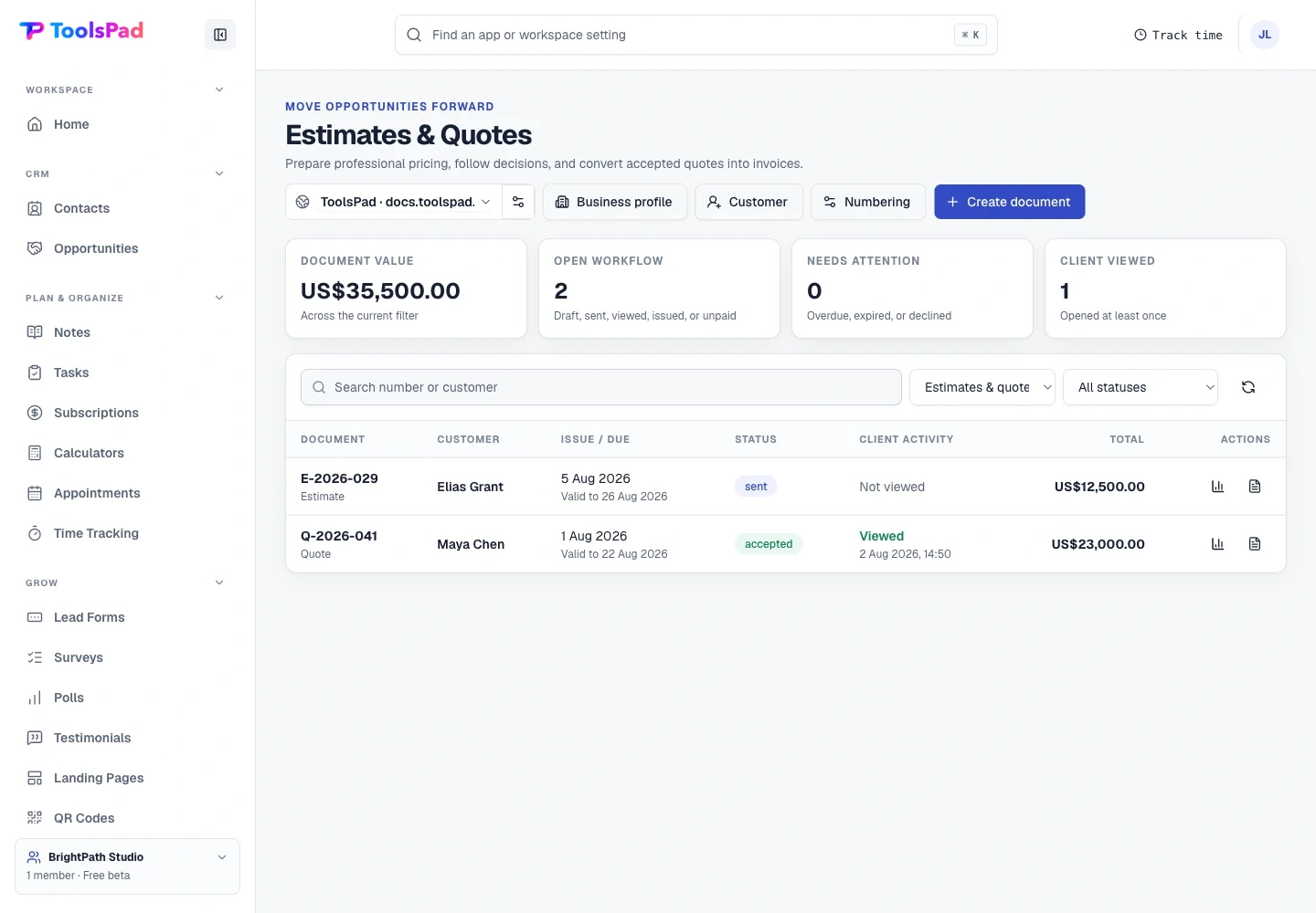 Estimates & Quotes product interface showing every proposal and decision in one view