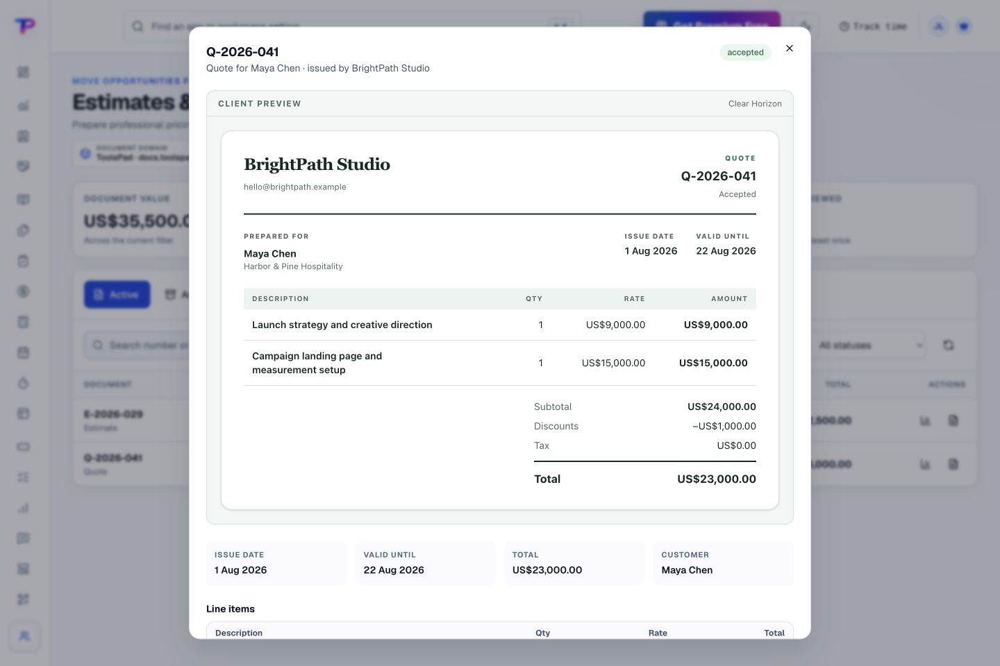 Estimates & Quotes product interface showing send a proposal your client can understand