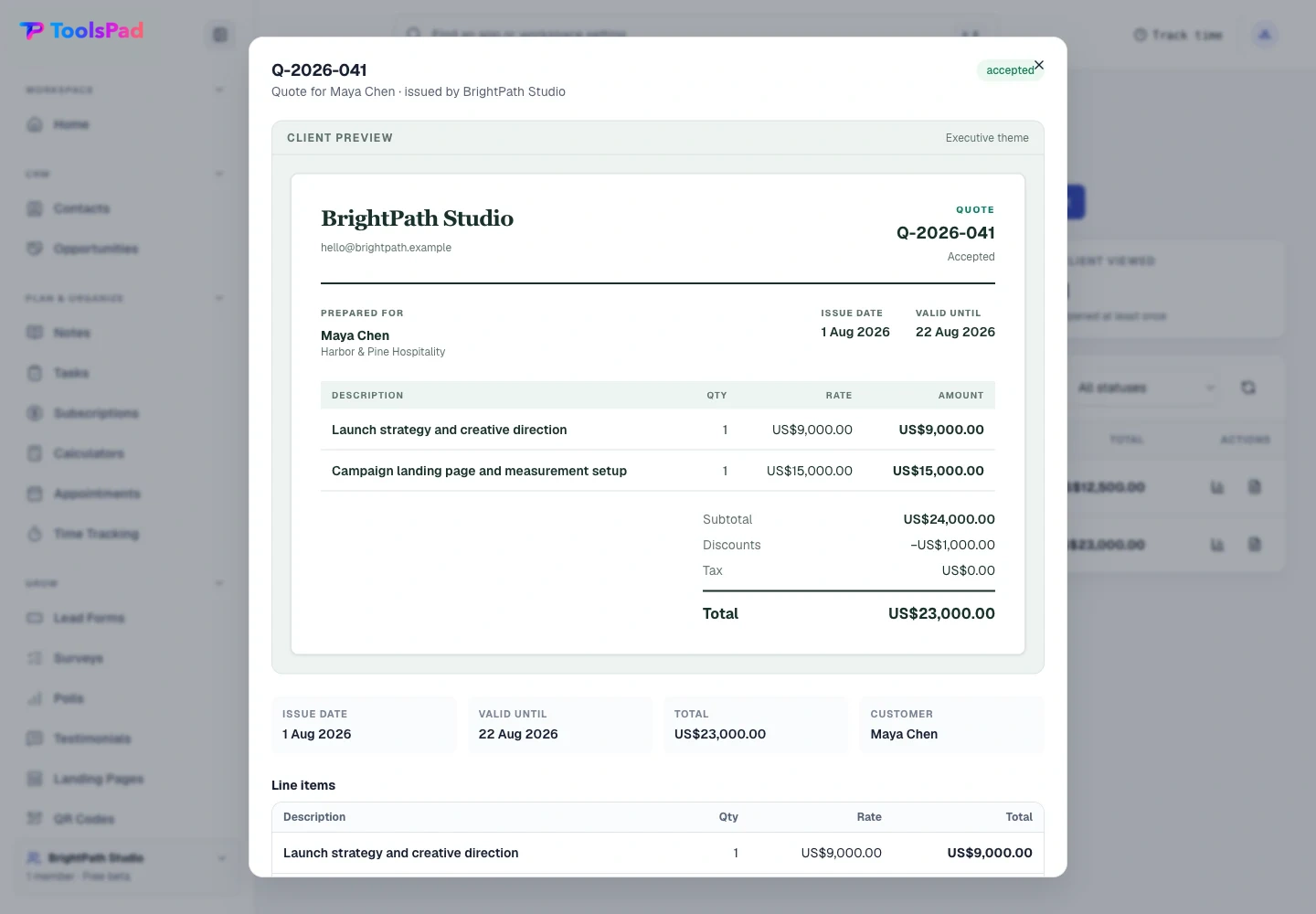 Estimates & Quotes product interface showing send a proposal that already looks approved