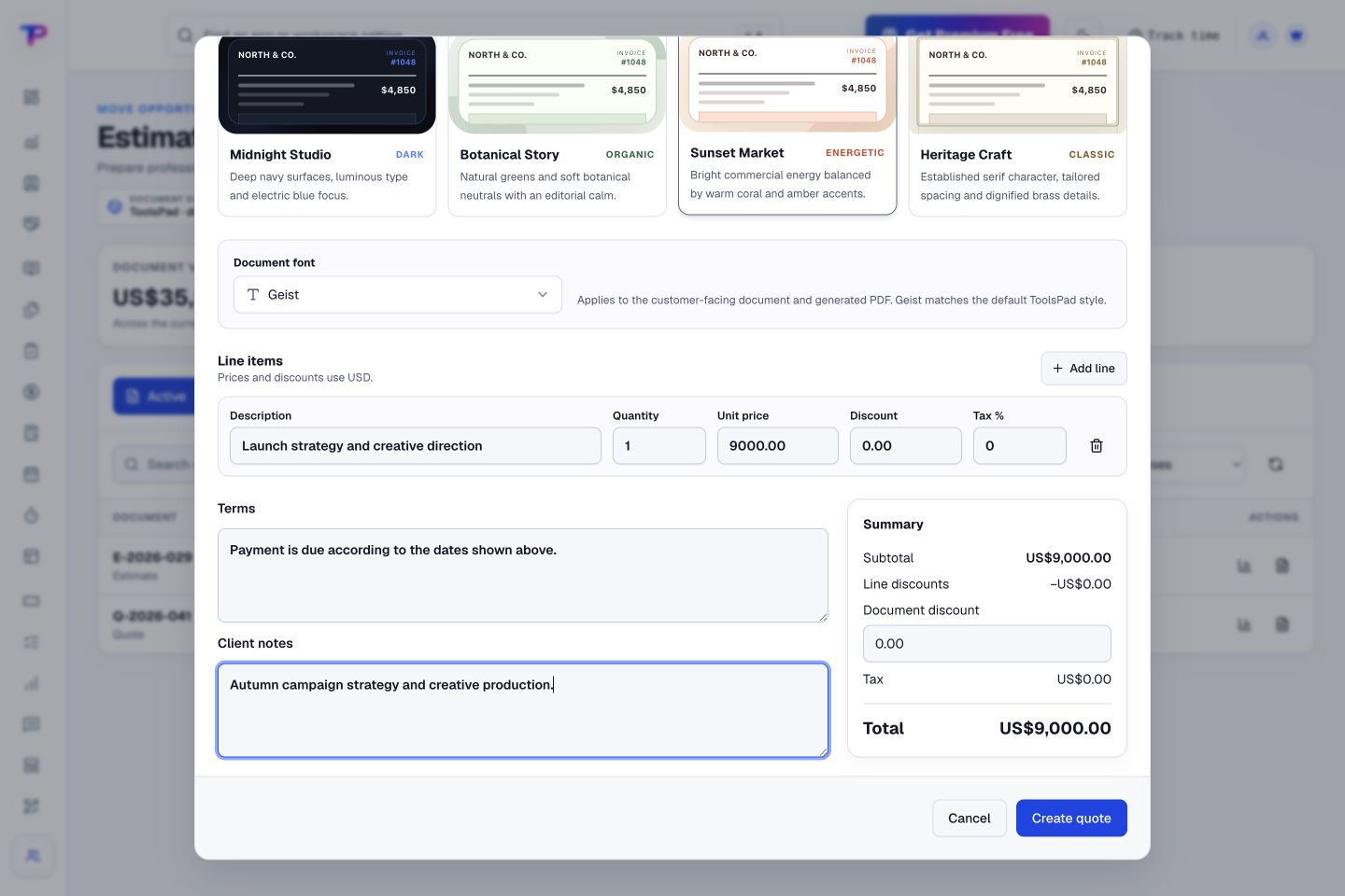 Estimates & Quotes product interface showing make the price as clear as the promise